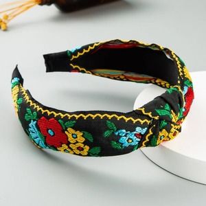 Embroidered Fabric Flower Headband - Black